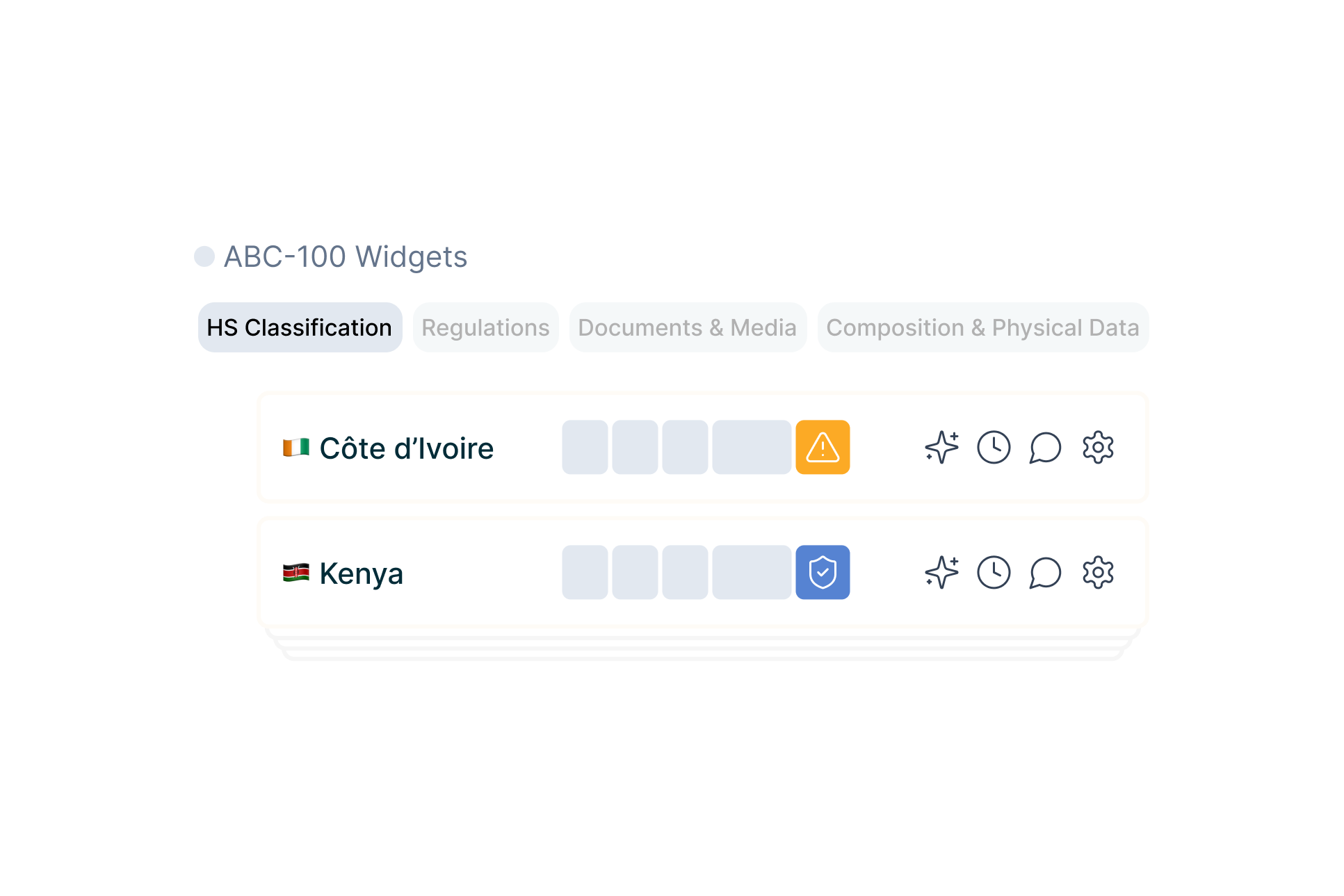Product library interface with country-specific compliance data