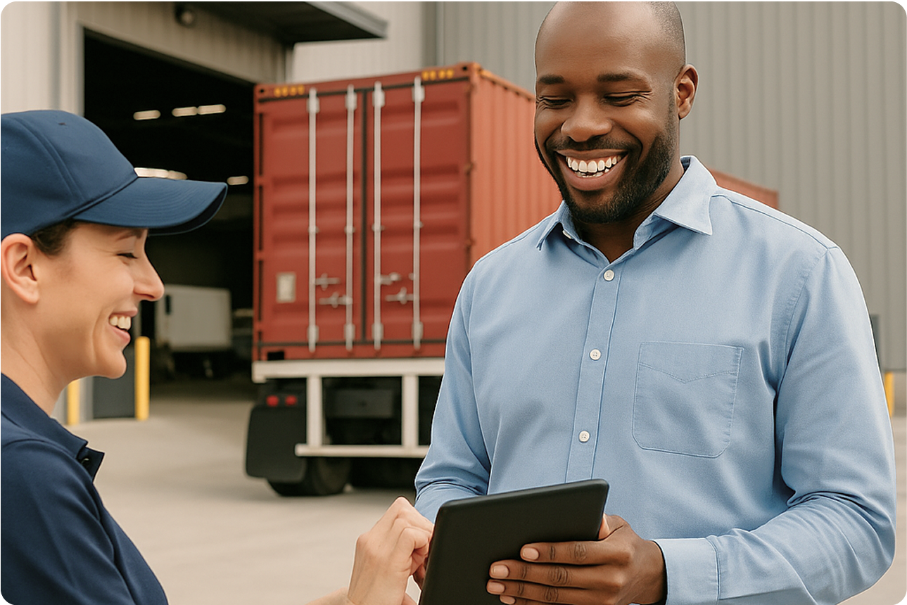 Broker with client at shipping facility